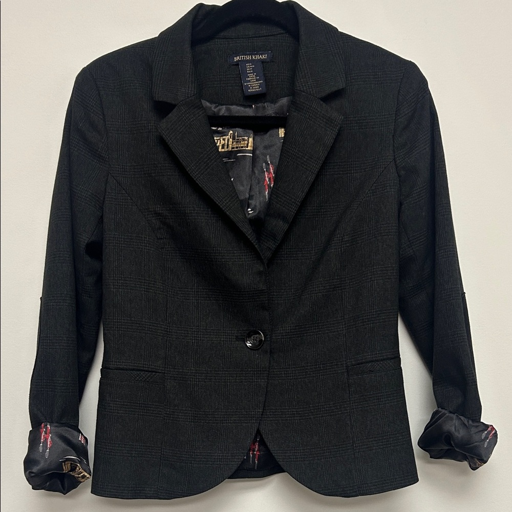 British Khaki Gray Plaid Elbow Patch Blazer Jacket Women's M